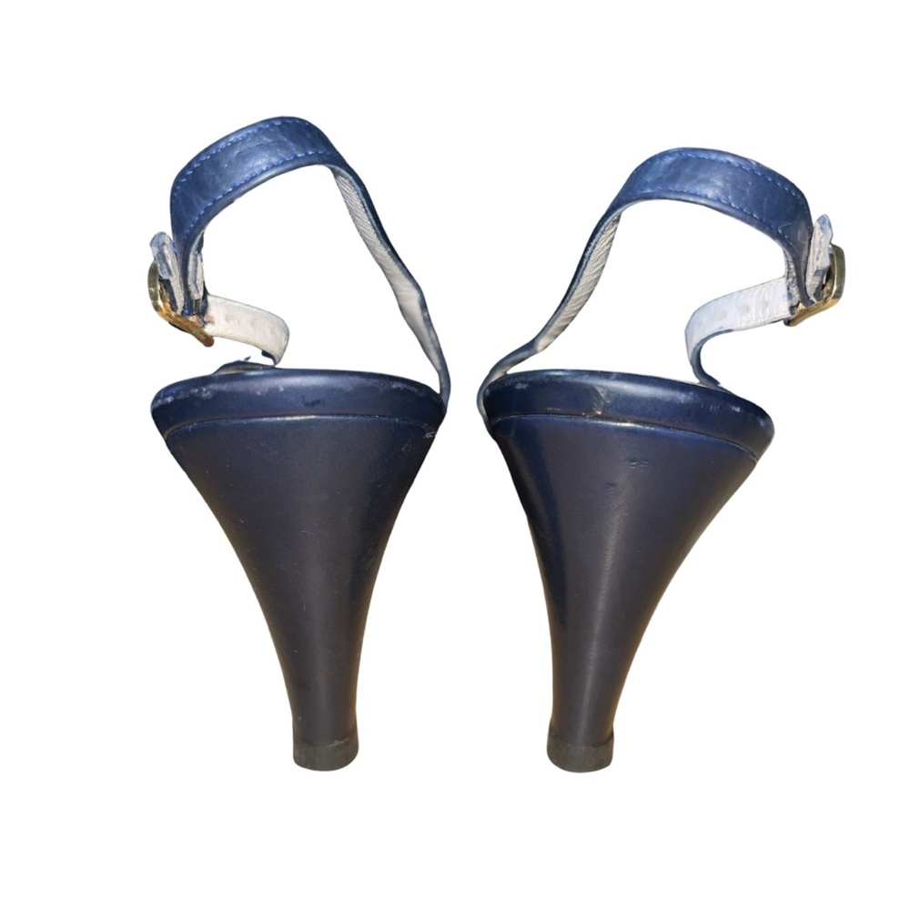Salvatore Ferragamo Navy Leather Peep-Toe Slingbacks | 7.5AA - Picture 4 of 9